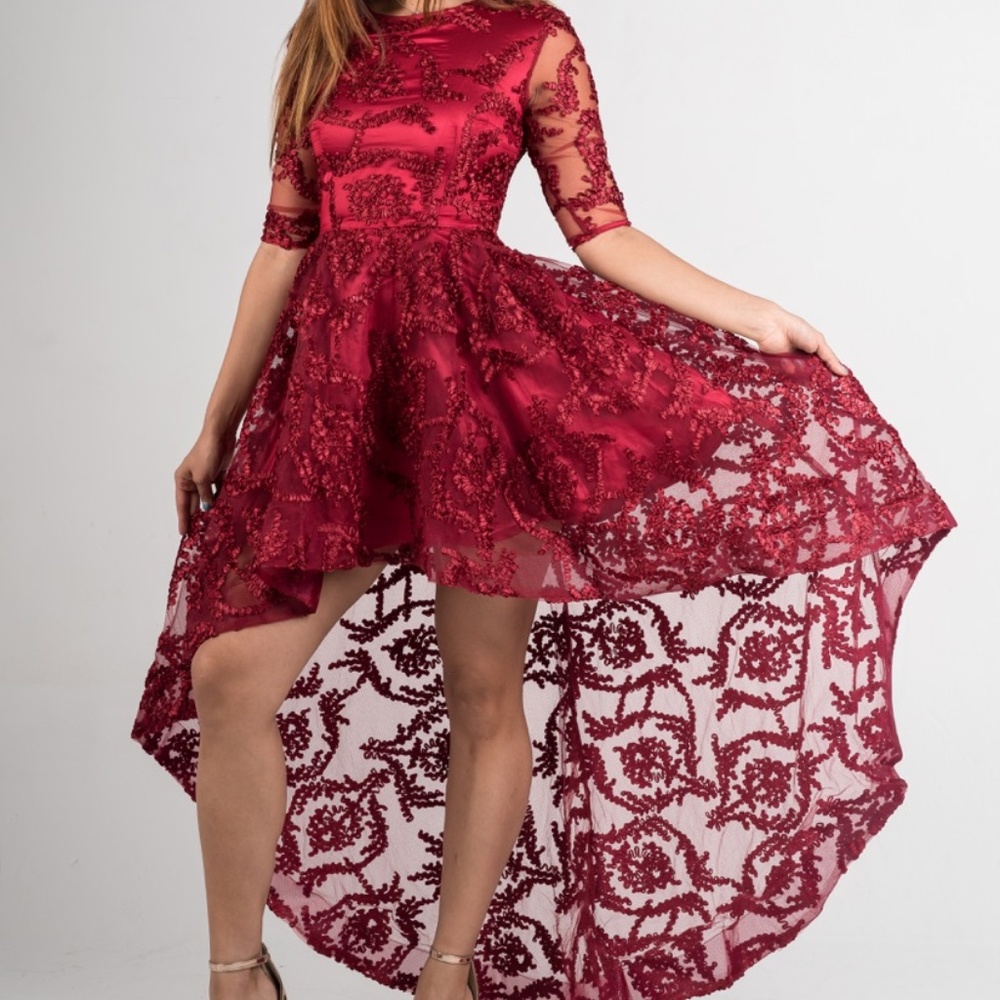 Burgundy Lace Asymmetrical Dress